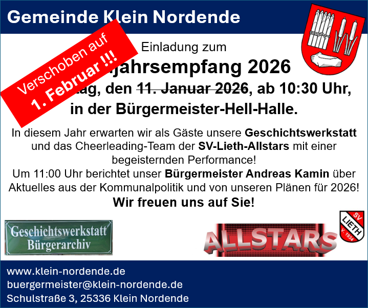 Wegen der aktuellen Wetterlage verschieben wir unseren Neujahrsempfang auf den 1. Februar 2026 um 10:30 Uhr. Wir bitten um Verständnis.